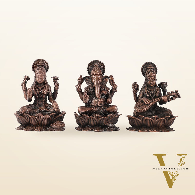 Set of Three Pure Copper Ganesha, Lakshmi, and Saraswati Idols - 2.5 Inch