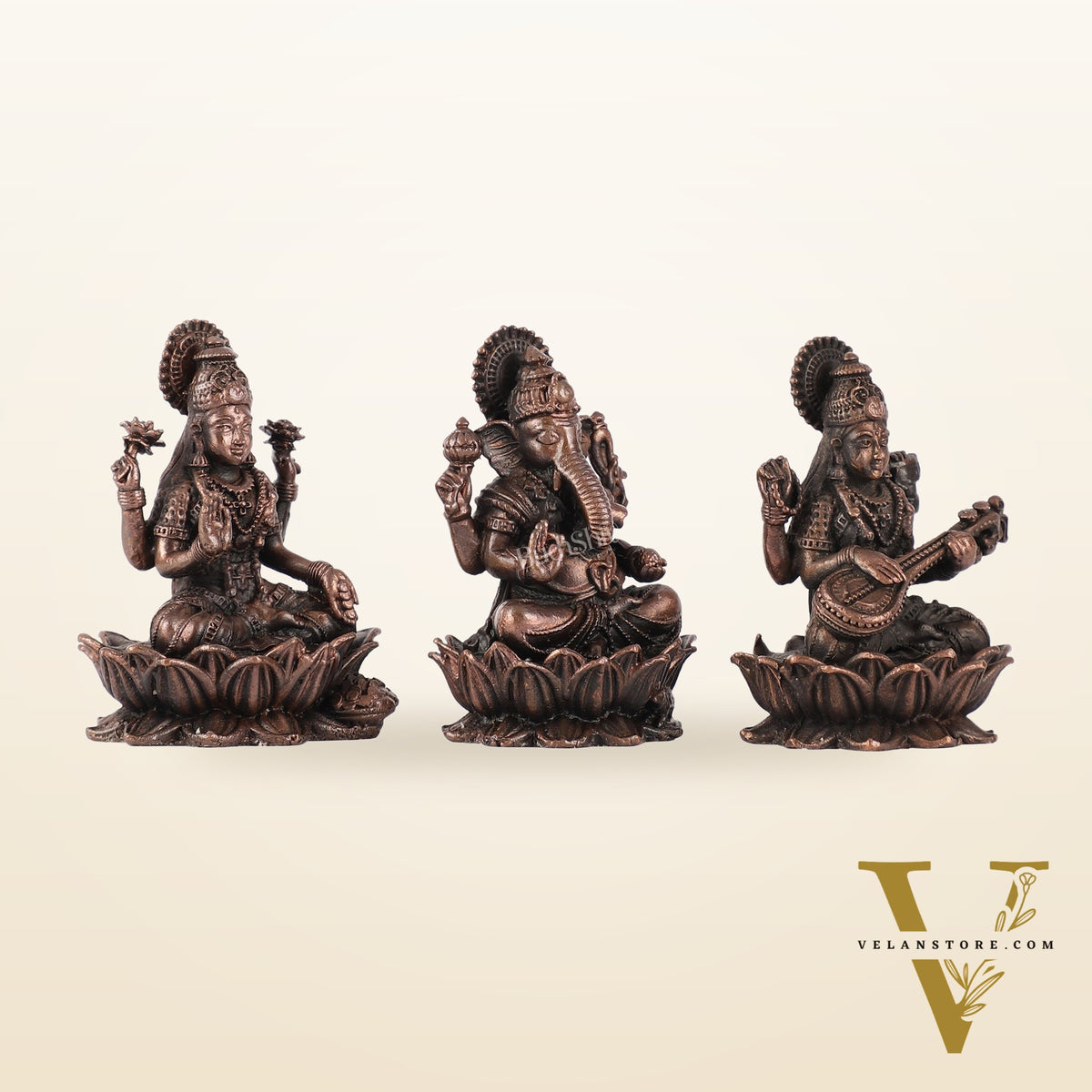 Set of Three Pure Copper Ganesha, Lakshmi, and Saraswati Idols - 2.5 Inch