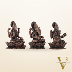 Set of Three Pure Copper Ganesha, Lakshmi, and Saraswati Idols - 2.5 Inch
