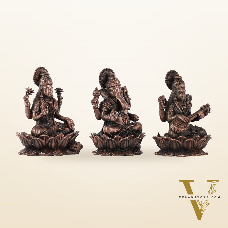 Set of Three Pure Copper Ganesha, Lakshmi, and Saraswati Idols - 2.5 Inch