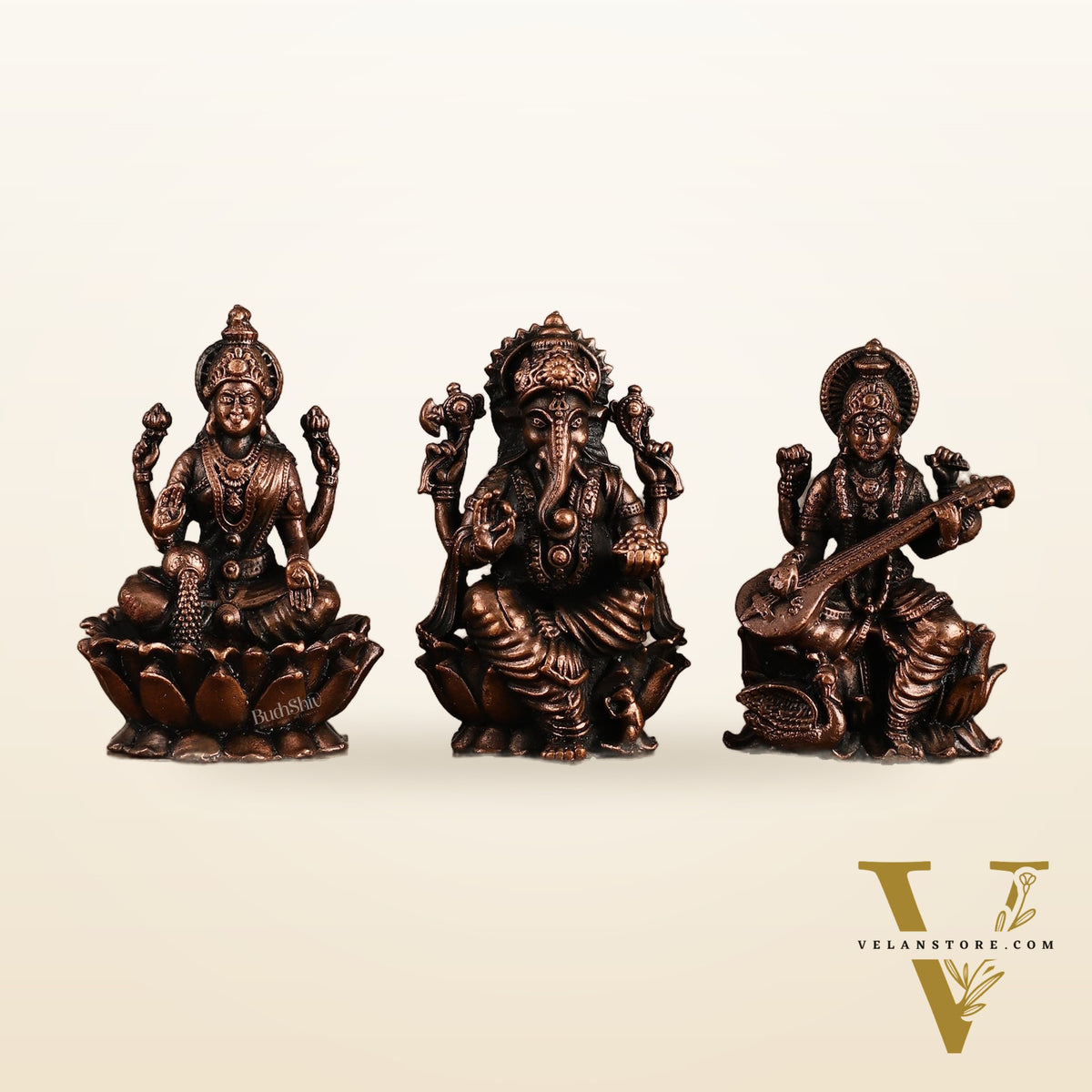 Set of Three Pure Copper Idols - Ganesha, Lakshmi, Saraswati | 3 Inch