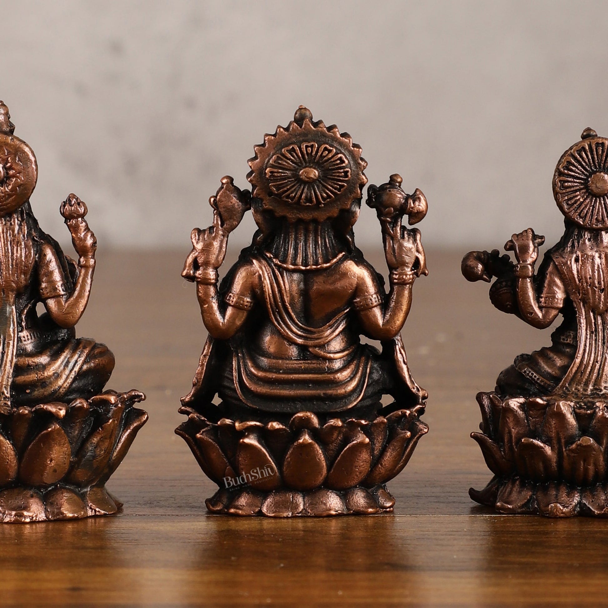 Set of Three Pure Copper Idols - Ganesha, Lakshmi, Saraswati | 3 Inch