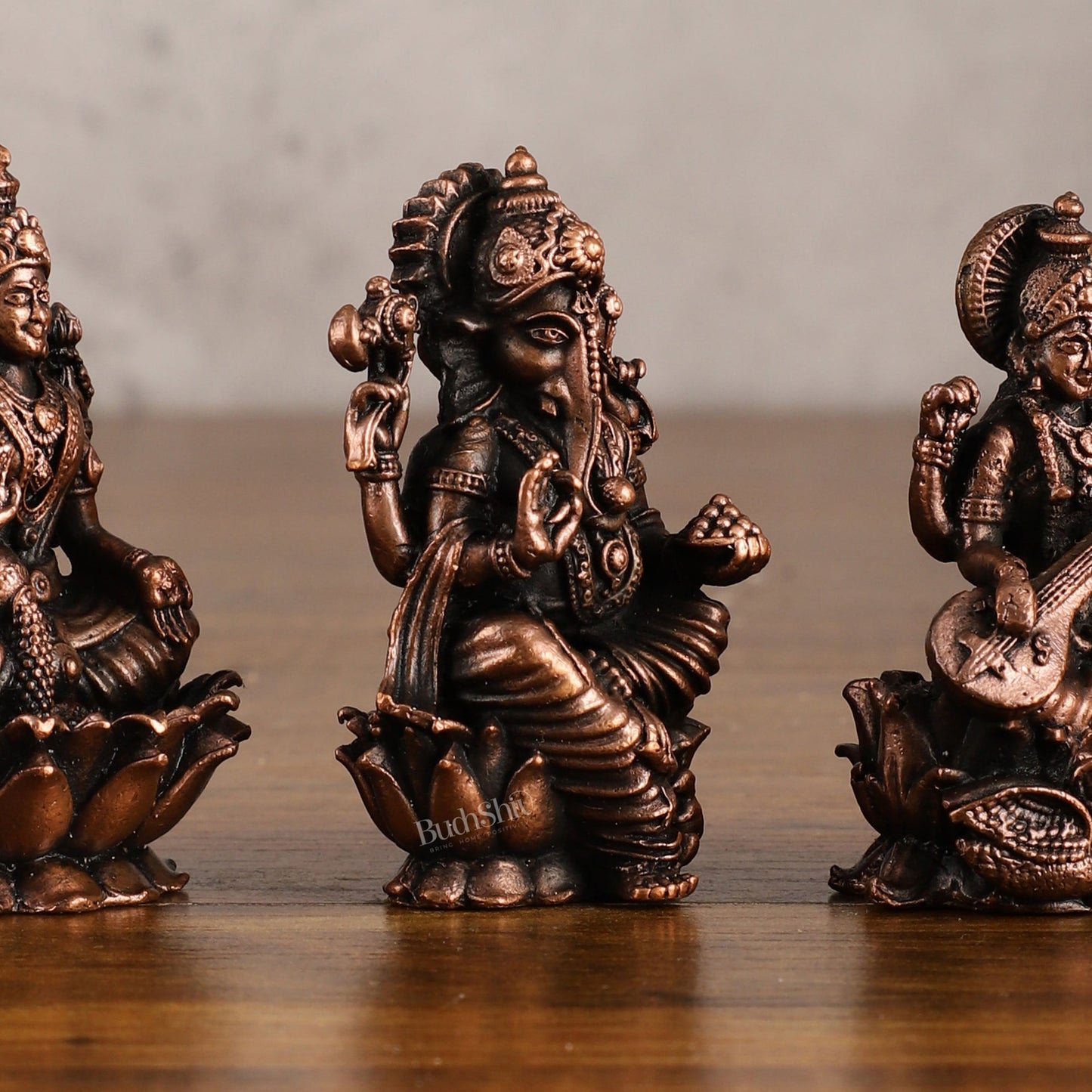 Set of Three Pure Copper Idols - Ganesha, Lakshmi, Saraswati | 3 Inch