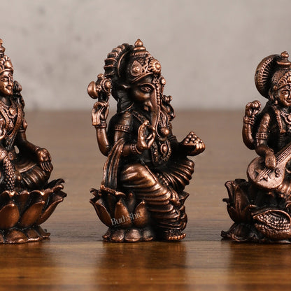 Set of Three Pure Copper Idols - Ganesha, Lakshmi, Saraswati | 3 Inch