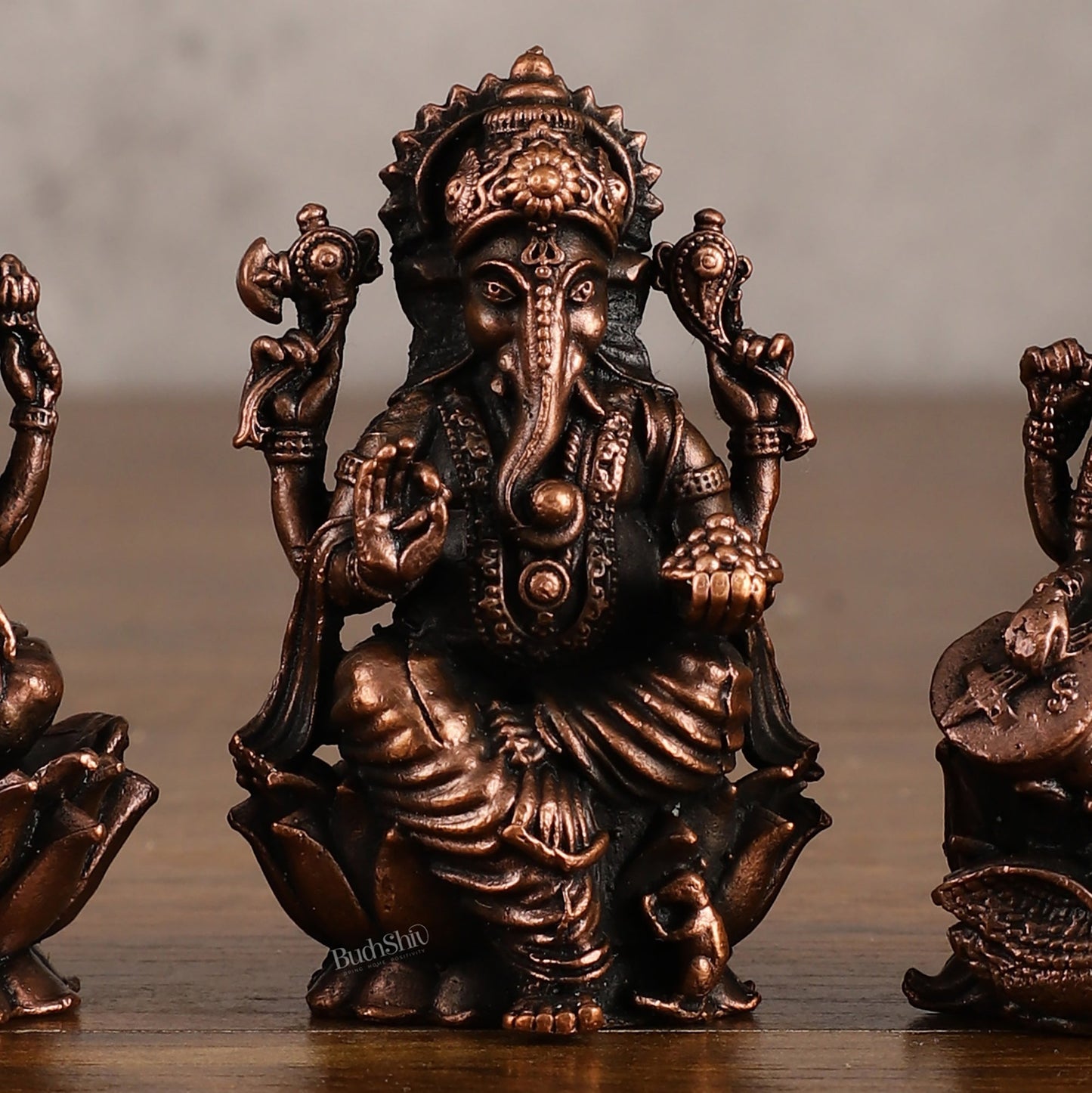 Set of Three Pure Copper Idols - Ganesha, Lakshmi, Saraswati | 3 Inch