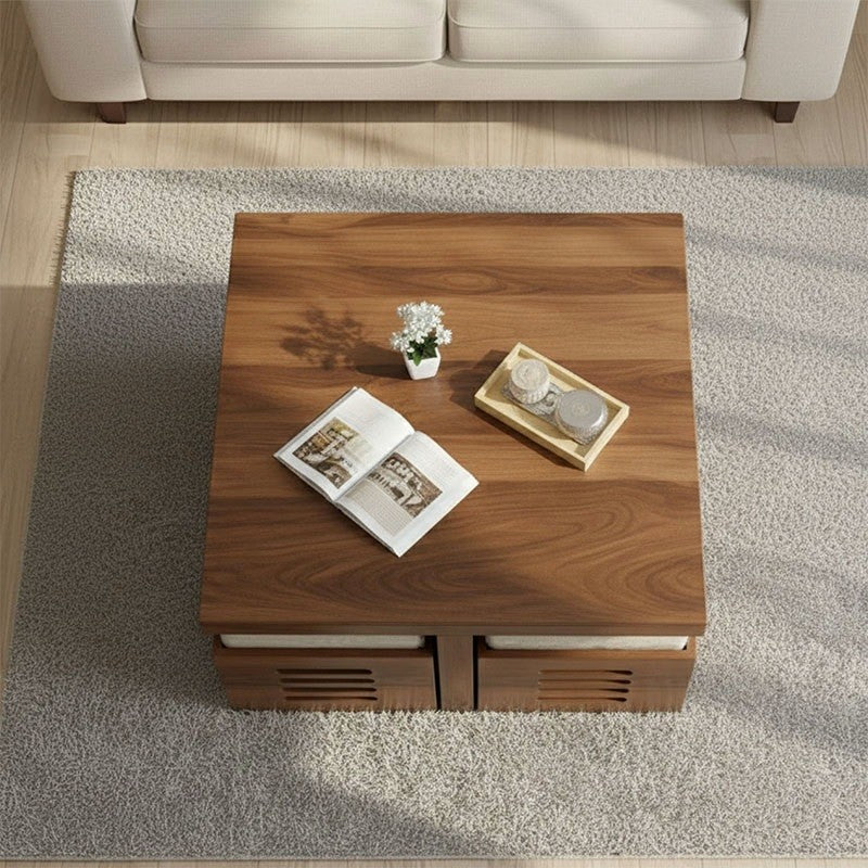 Solid Sheesham Wood Coffee Table Set – Modern Square Design – Honey Finish – Living Room Center Table with Cushioned Stools & Storage
