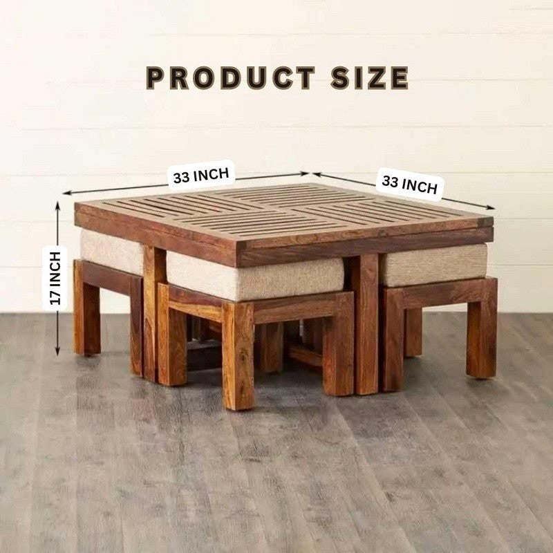 HeritageAura Sheesham Wood Coffee Table Set with Stools – Space-Saving Design for Living Room by Woodensure