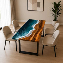 Live Edge Modern Ocean Beach Wave Epoxy Resin Dining Table with Black Metal Legs, Handmade Luxury Furniture Design, Custom Kitchen River Table