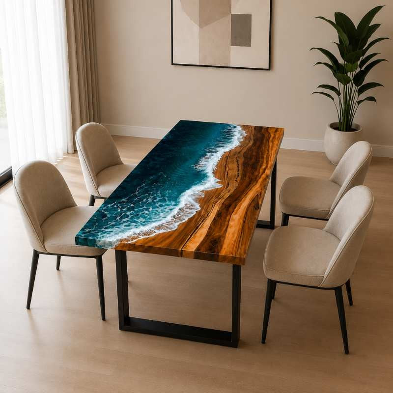 Live Edge Modern Ocean Beach Wave Epoxy Resin Dining Table with Black Metal Legs, Handmade Luxury Furniture Design, Custom Kitchen River Table