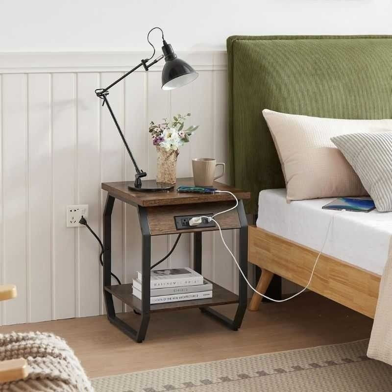 Rustic Smart Charging Sofa Side Table with Storage Shelf | Wooden Side Table with Built-In Power Outlets & USB Ports | Industrial Style | Compact Living Room Furniture