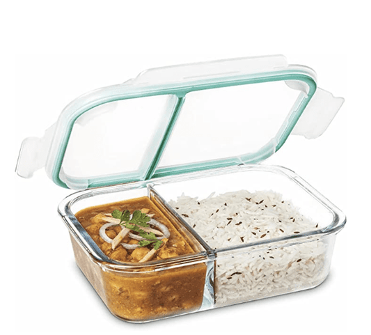 SignoraWare Slim High Jumbo Microwave Safe Office Two Compartment Lunch Box Set | Borosilicate Glass | Safety Lock Airtight Tiffin Containers (1400ml | Transparent)