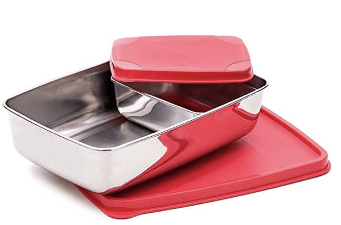Signoraware Stainless Steel Compact Small Steel Lunch Box (150ml+550ml Compartments with Airtight Lid, Set of 2 | Red)-1