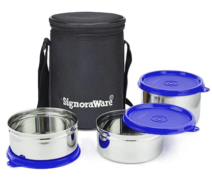 Signoraware Executive Stainless Steel Lunch Box Set 3 with bag | Stainless-Steel Leak-Proof Containers | Full Meal Boxes (Container Size 350mlx2 | 500mlx1)