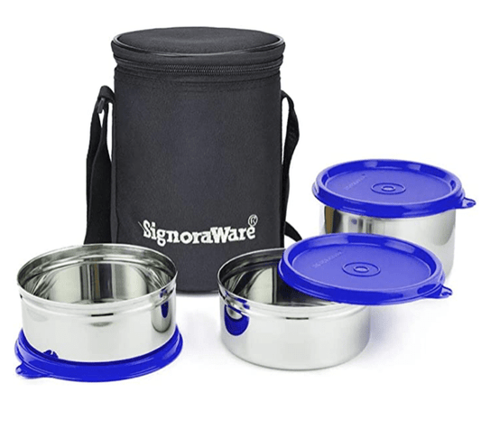 Signoraware Executive Stainless Steel Lunch Box Set 3 with bag | Stainless-Steel Leak-Proof Containers | Full Meal Boxes (Container Size 350mlx2 | 500mlx1)