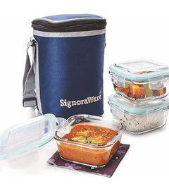Signoraware Director High Microwave Safe Office Lunch Box Set with Bag | Borosilicate Glass | Safety Lock Airtight Tiffin Containers (Set of 3 – 320ml+320ml +320ml | Transparent)-1