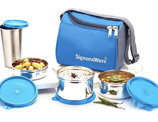 Signoraware Best Stainless-Steel Lunch Box Set 4 with Bag | Stainless-Steel Leak-Proof Containers | Full Meal Boxes (Container Size 350mlx1 | 500mlx1 | 200mlx1 & Glass Tumbler 370mlx1 | Colour Blue)