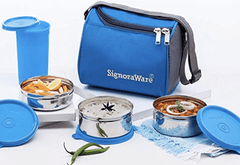 Signoraware Best Stainless-Steel Lunch Box Set 4 with Bag | Stainless-Steel Leak-Proof Containers | Full Meal Boxes (Container Size 350mlx1 | 500mlx1 | 200mlx1 & Glass Tumbler 370mlx1 | Colour Blue)-1