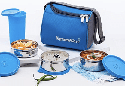 Signoraware Best Stainless-Steel Lunch Box Set 4 with Bag | Stainless-Steel Leak-Proof Containers | Full Meal Boxes (Container Size 350mlx1 | 500mlx1 | 200mlx1 & Glass Tumbler 370mlx1 | Colour Blue)