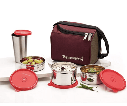 Signoraware Best Stainless Steel Innovative Lunch Box with Bag, Set of 4, Red
