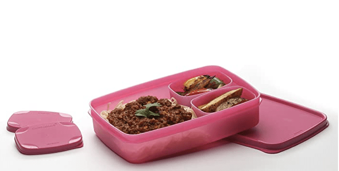 Signoraware Compact Bpa Free Plastic Microwave Safe Lunch Box, Food Grade Tiffin Boxes Set, Leak Proof Air Tight Dabba (Set of 3 – 1 x 850ml Container, 2 x 100ml Containers, Square)-1