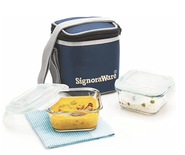 SignoraWare Director High Microwave Safe Office Lunch Box Set with Bag | Borosilicate Glass | Safety Lock Airtight Tiffin Containers (Set of 2 – 320ml+320ml | Transparent)