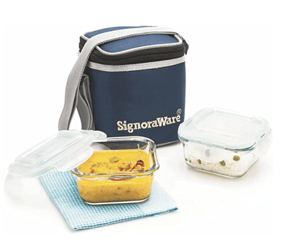 SignoraWare Director High Microwave Safe Office Lunch Box Set with Bag | Borosilicate Glass | Safety Lock Airtight Tiffin Containers (Set of 2 – 320ml+320ml | Transparent)