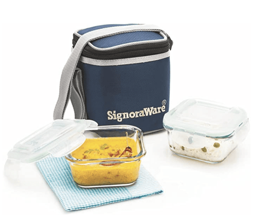 SignoraWare Director High Microwave Safe Office Lunch Box Set with Bag | Borosilicate Glass | Safety Lock Airtight Tiffin Containers (Set of 2 – 320ml+320ml | Transparent)