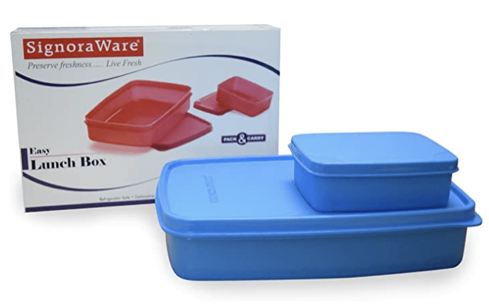 SignoraWare Easy Jumbo Compartment Lunch Box Set of 2, Bpa Free Plastic, Microwave Safe Food Grade Tiffin Boxes Office School, Leak Proof Air Tight (850ml+150ml, Rectangular, Blue, 2 Section Storage)