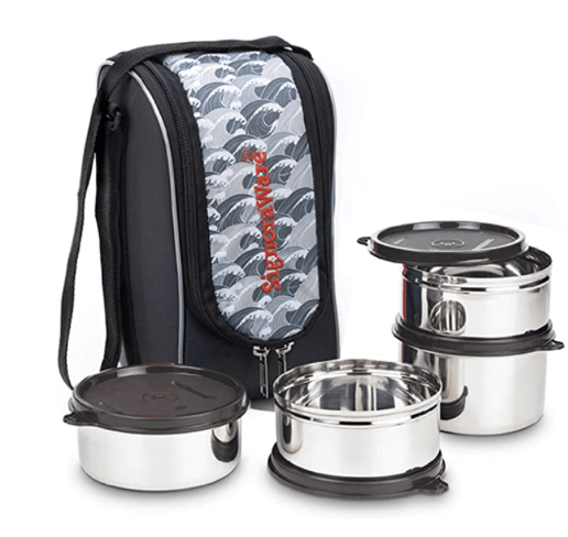 Signoraware Executive Max Fresh Stainless Steel Lunch Box Set, Set of 4, Black