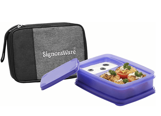 SignoraWare Compact Lunch Box Set of 2 With Zipered Bag, Bpa Free Plastic, Microwave Safe Food Grade Tiffin Boxes Office School, Leak Proof Air Tight (550ml+150ml, Rectangular, Violet)
