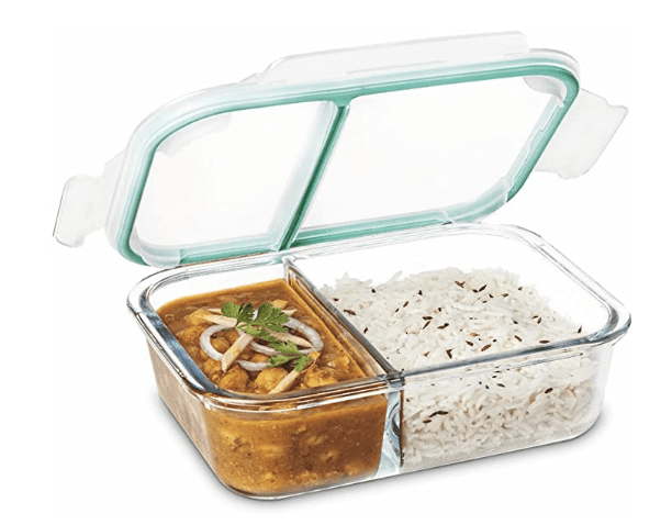 SignoraWare Slim High Big Microwave Safe Office Two Compartment Lunch Box Set | Borosilicate Glass | Safety Lock Airtight Tiffin Containers (1000ml | Transparent)