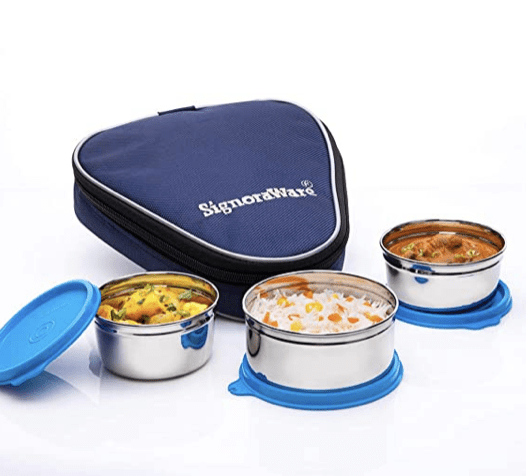 Signoraware Sleek Stainless Steel Lunch Box (250ml+250ml+350ml), Set of 3, Blue