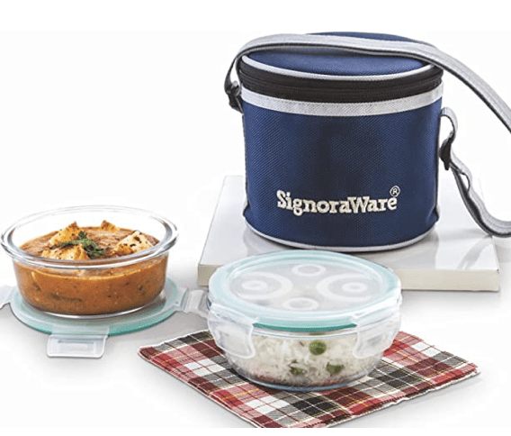 SignoraWare Executive High Microwave Safe Office Lunch Box Set with Bag | Borosilicate Glass | Safety Lock Airtight Tiffin Containers (Set of 2 – 400ml+400ml | Transparent)