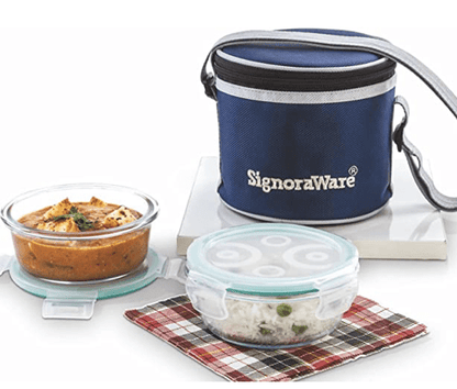 SignoraWare Executive High Microwave Safe Office Lunch Box Set with Bag | Borosilicate Glass | Safety Lock Airtight Tiffin Containers (Set of 2 – 400ml+400ml | Transparent)