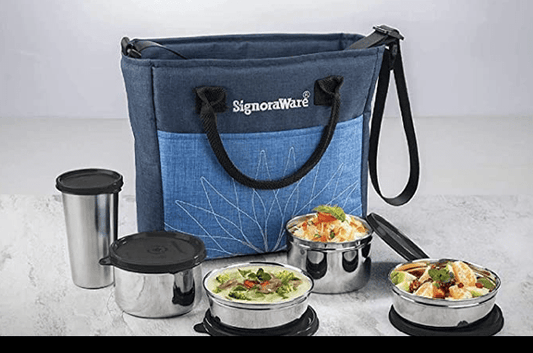 Signoraware Officer Stainless Steel Lunch Box with Blue Bag (380ml+380ml+500ml+500ml+370ml, Black) - Set of 5