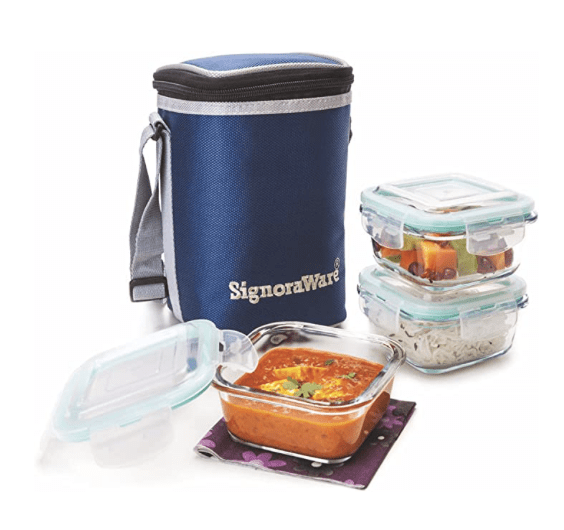 Signoraware Director High Microwave Safe Office Lunch Box Set with Bag | Borosilicate Glass | Safety Lock Airtight Tiffin Containers (Set of 3 – 320ml+320ml +320ml | Transparent)