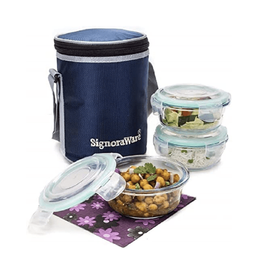 SignoraWare Executive High Microwave Safe Office Lunch Box Set with Bag | Borosilicate Glass | Safety Lock Airtight Tiffin Containers (Set of 3 – 400ml+400ml +400ml | Transparent)