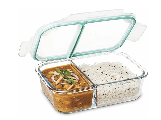 SignoraWare Slim High Microwave Safe Office Two Compartment Lunch Box Set | Borosilicate Glass | Safety Lock Airtight Tiffin Containers (600ml | Transparent)