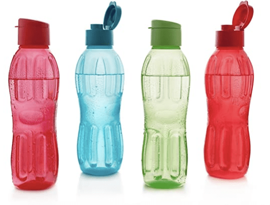 Signoraware Fliptop-Aqua Triangle Plastic Water Bottle Set, 1 Litre/8cm, Set of 4, Multicolour