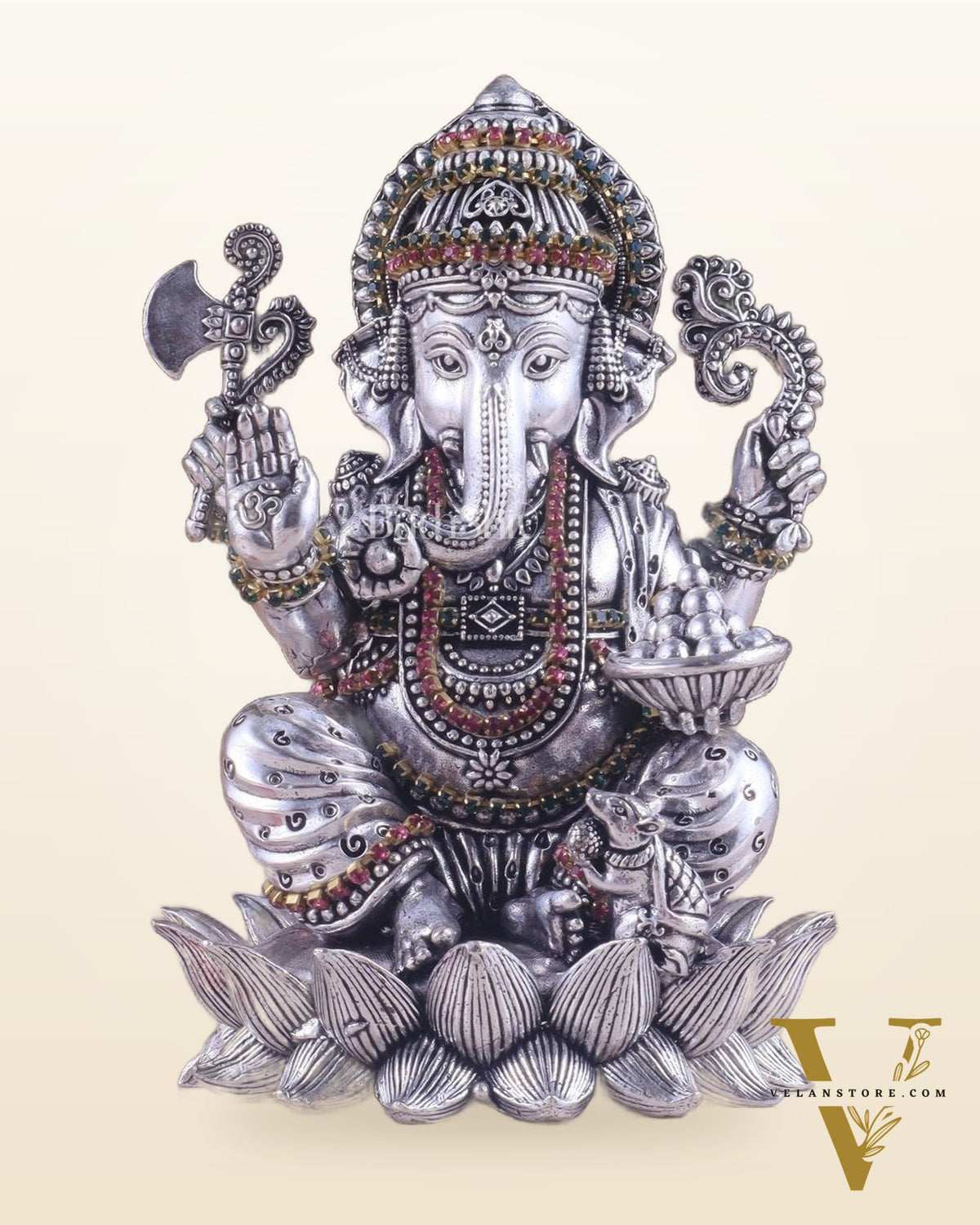 Silver plated Brass Superfine Intricately Carved Small Right trunk Ganesha Idol - 5" Tall