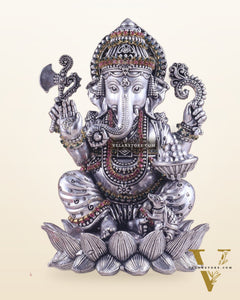 Silver plated Brass Superfine Intricately Carved Small Right trunk Ganesha Idol - 5" Tall