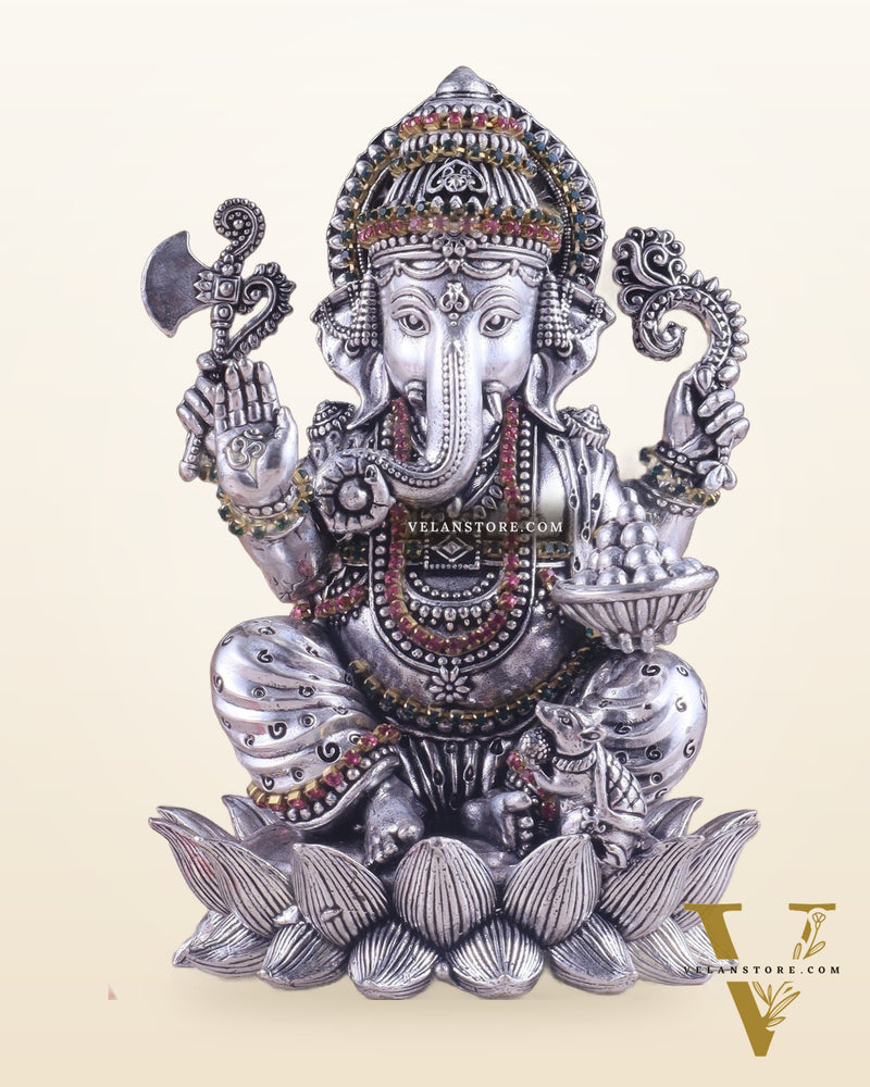 Silver plated Brass Superfine Intricately Carved Small Right trunk Ganesha Idol - 5" Tall