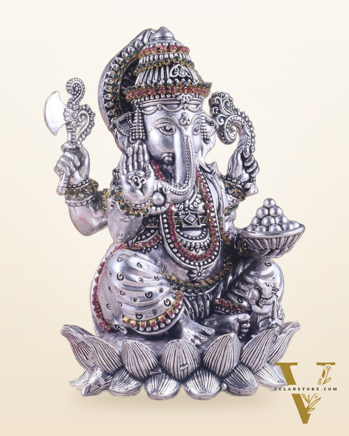 Silver plated Brass Superfine Intricately Carved Small Right trunk Ganesha Idol - 5" Tall