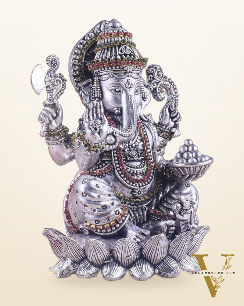 Silver plated Brass Superfine Intricately Carved Small Right trunk Ganesha Idol - 5" Tall