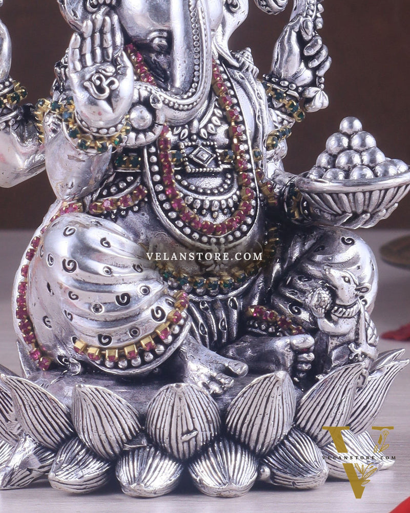 Silver plated Brass Superfine Intricately Carved Small Right trunk Ganesha Idol - 5" Tall