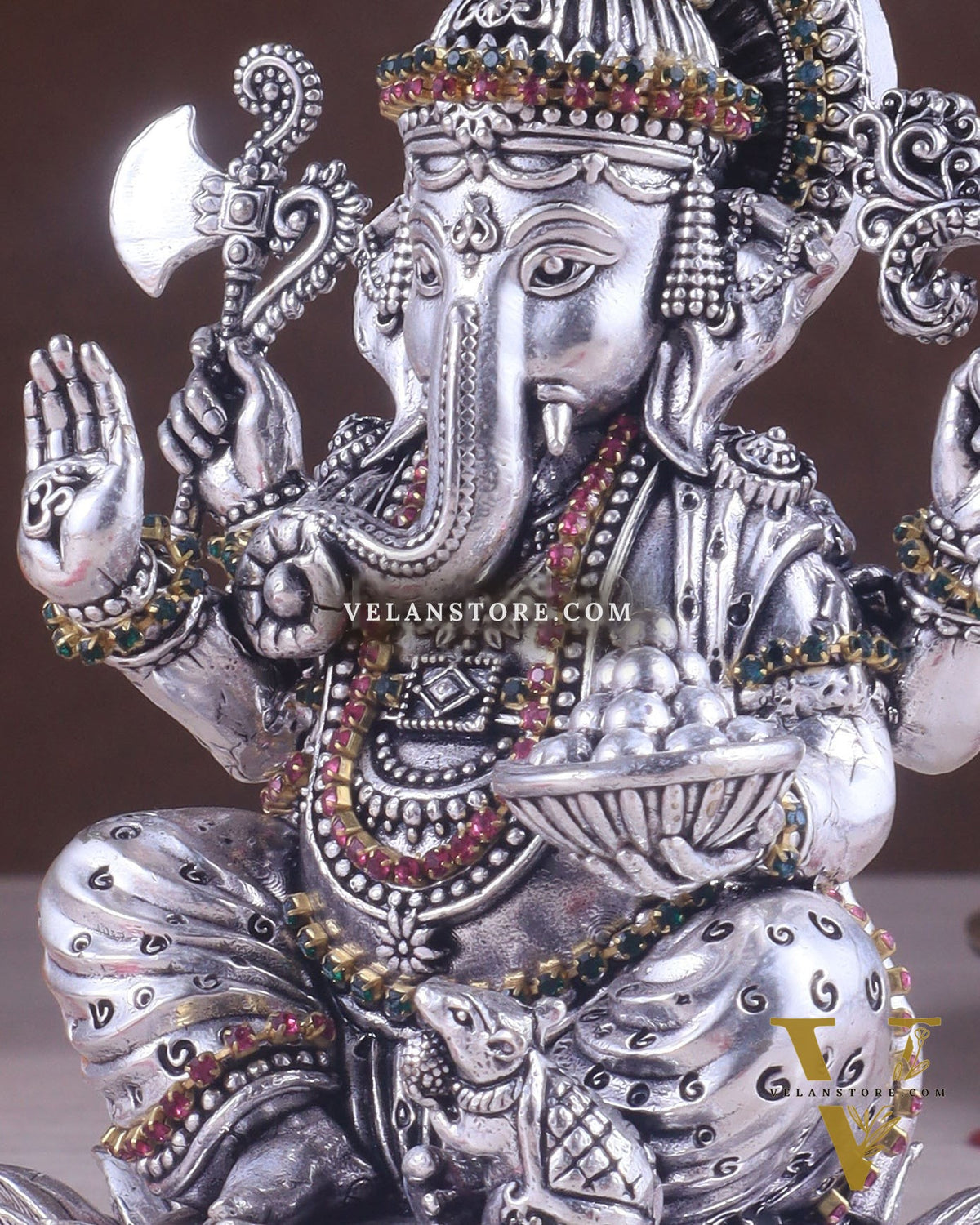 Silver plated Brass Superfine Intricately Carved Small Right trunk Ganesha Idol - 5" Tall