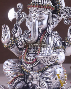 Silver plated Brass Superfine Intricately Carved Small Right trunk Ganesha Idol - 5" Tall