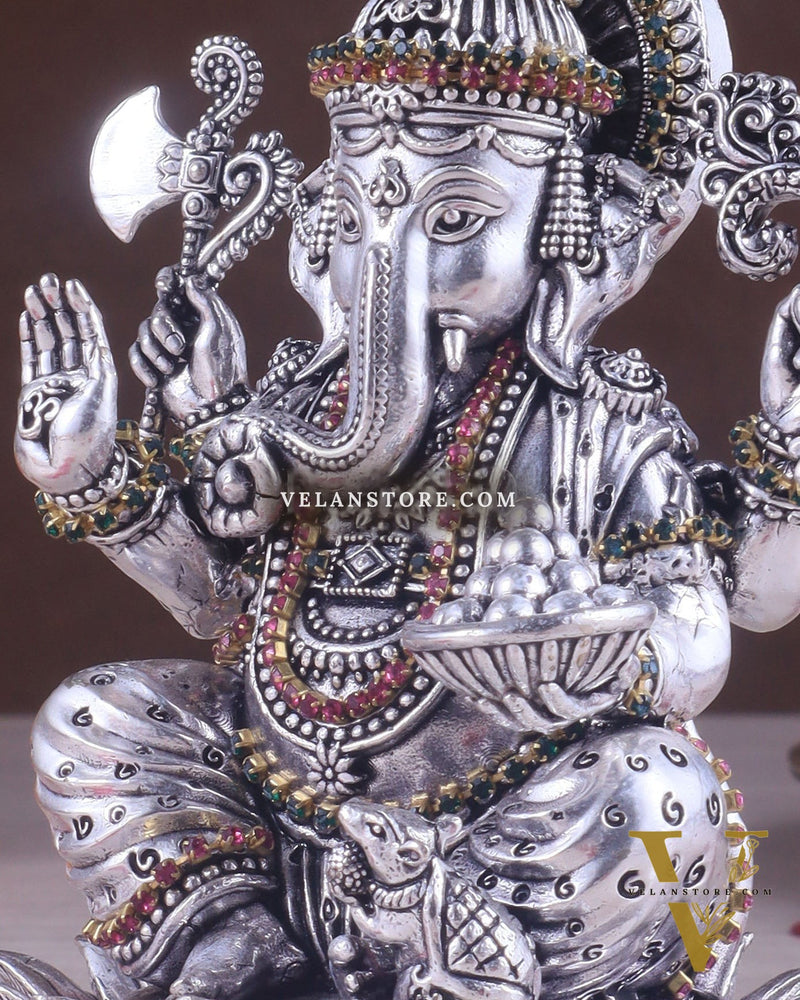 Silver plated Brass Superfine Intricately Carved Small Right trunk Ganesha Idol - 5" Tall