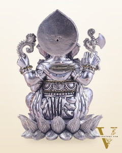 Silver plated Brass Superfine Intricately Carved Small Right trunk Ganesha Idol - 5" Tall