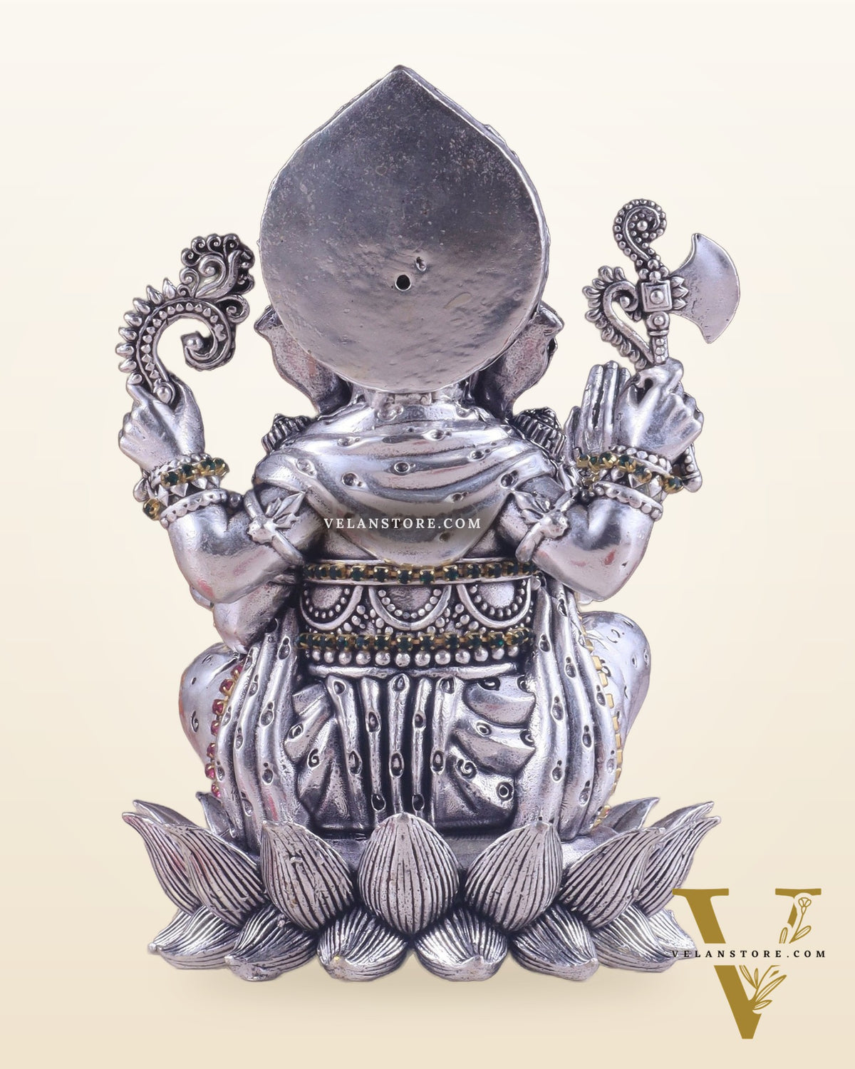 Silver plated Brass Superfine Intricately Carved Small Right trunk Ganesha Idol - 5" Tall